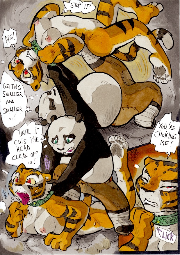 better_late_than_never breasts choking collar comic daigaijin dialog dialogue english_text feline female green_eyes kung_fu_panda mammal master_tigress nipples nude open_mouth panda po red_eyes sweat text tiger tongue tongue_out