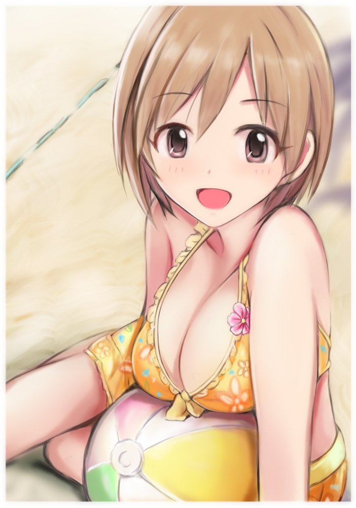 1girl :d aiba_yumi ball bangs bare_shoulders beach beachball bikini blush breast_rest breasts brown_eyes brown_hair cleavage collarbone commentary_request day eyebrows_visible_through_hair flower front-tie_bikini front-tie_top idolmaster idolmaster_cinderella_girls looking_at_viewer medium_breasts nannacy7 open_mouth outdoors sand short_hair sitting smile solo swimsuit yokozuwari
