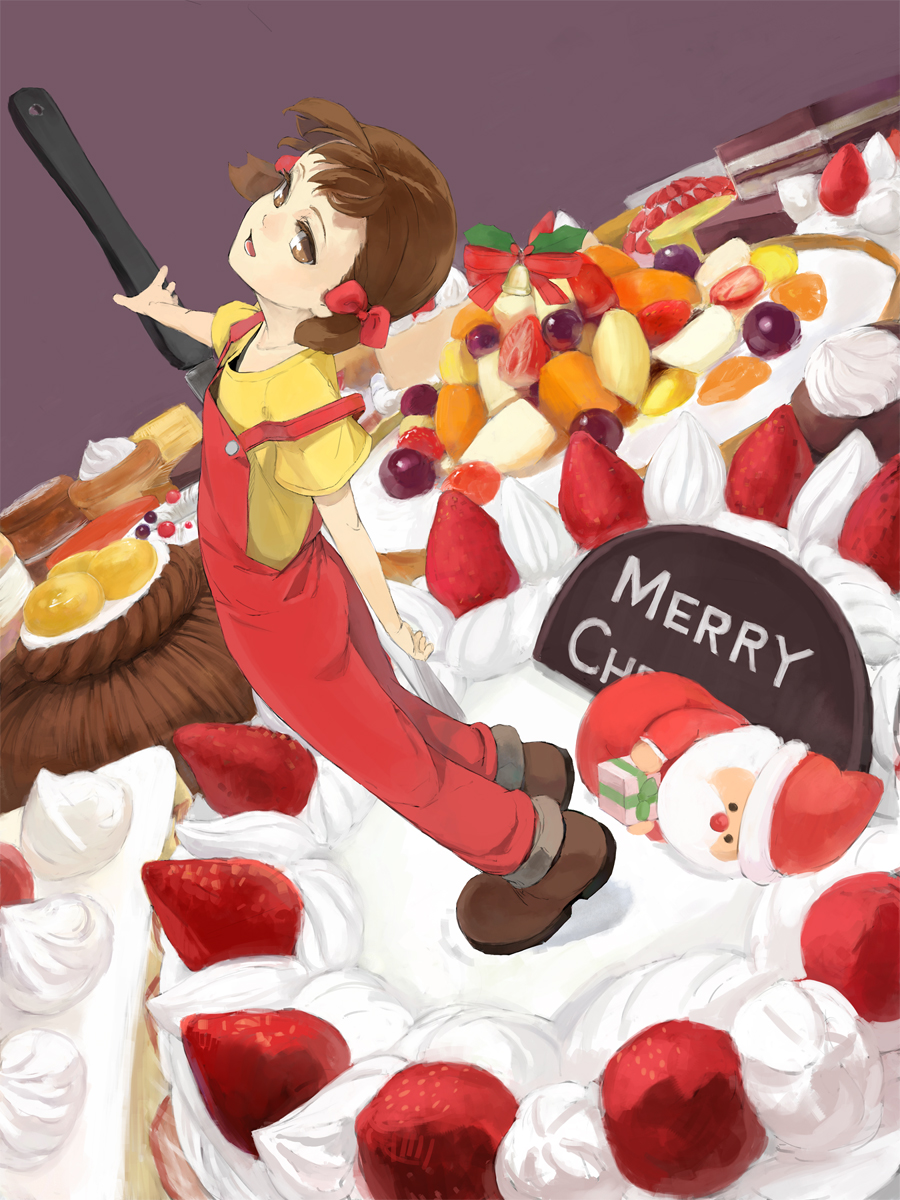1girl brown_eyes brown_hair cake christmas english food fruit fujiya highres kuroko_(piii) looking_at_viewer mascot open_mouth overalls peko-chan short_hair short_twintails smile solo standing strawberry tongue twintails