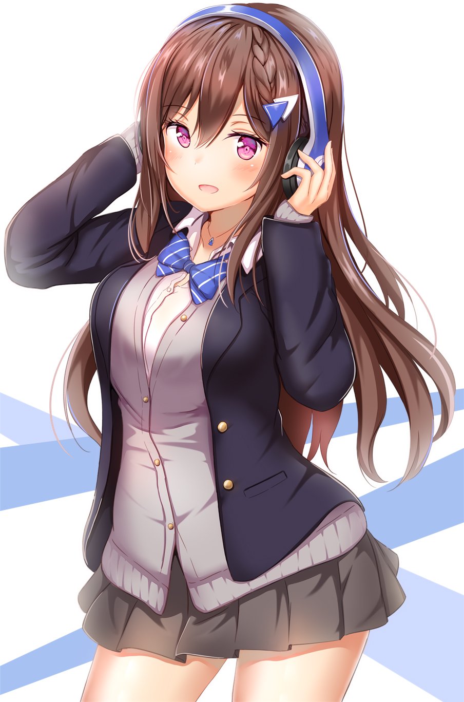 1girl :d black_jacket blazer blue_neckwear blush bow bowtie braid breasts brown_hair buttons cocoa_music collared_shirt commentary_request cowboy_shot doumyouji_cocoa game_club_project grey_cardigan grey_skirt hair_between_eyes hair_ornament hands_on_headphones hands_up headphones highres jacket jewelry large_breasts legs_apart long_hair long_sleeves looking_at_viewer miniskirt necklace open_clothes open_jacket open_mouth pink_eyes pleated_skirt school_uniform shirt sidelocks skirt smile solo standing striped striped_neckwear undershirt virtual_youtuber white_shirt wing_collar yuano