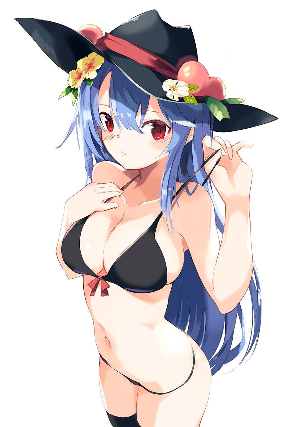1girl bangs bare_arms bare_shoulders bikini black_bikini black_hat black_legwear blue_hair blush breasts commentary_request cowboy_shot eyebrows_visible_through_hair flower food fruit hair_between_eyes hair_flower hair_ornament hand_on_own_chest hand_up hat hat_flower highres hinanawi_tenshi large_breasts leaf long_hair looking_at_viewer navel peach red_eyes red_ribbon ribbon simple_background solo standing stomach strap_pull swimsuit tetsurou_(fe+) thighhighs thighs touhou very_long_hair white_background white_flower yellow_flower