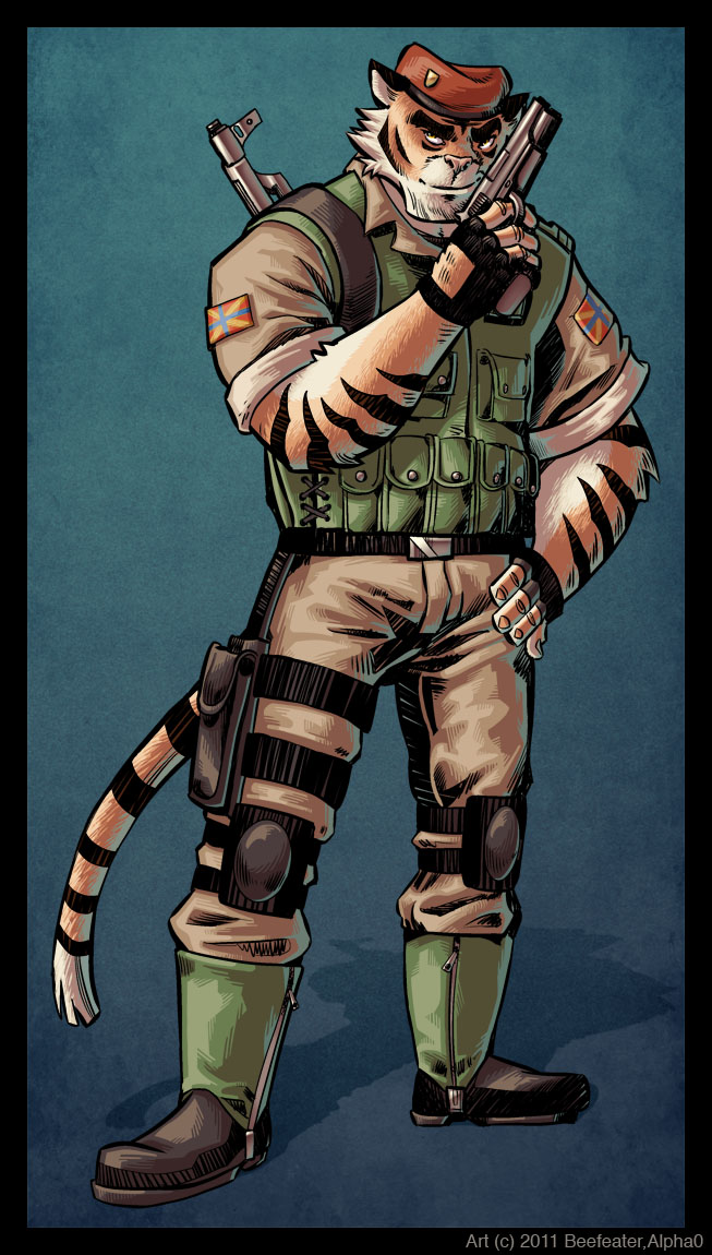 armor black_fur clothing feline fur gun male mammal military muscles orange_fur pistol ranged_weapon rifle smile solo stripes tiger weapon white_fur