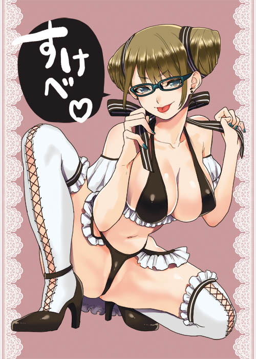 :p bespectacled bikini blue_eyes blush breasts brown_hair cleavage detached_sleeves earrings frills glasses jewelry large_breasts looking_at_viewer musha_sabu navel original panties short_hair smile solo spread_legs squatting swimsuit thighhighs tongue tongue_out underwear untying