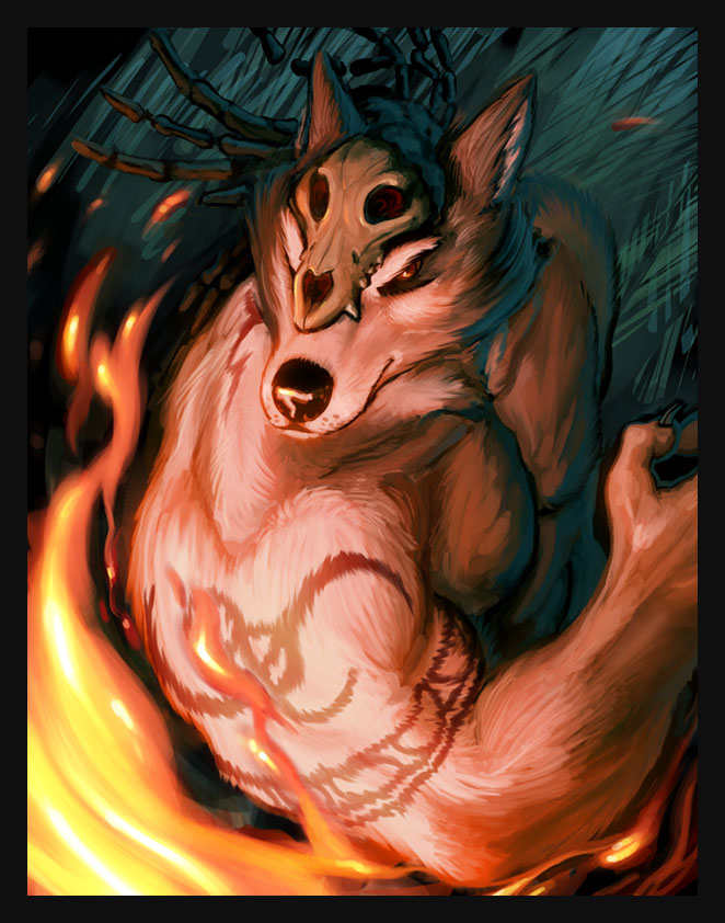 biceps black_nose brown_fur canine clothed clothing fire fur grey_fur half-dressed male mammal muscles pecs red_eyes skull smile solo tattoo topless tribal white_fur wolf