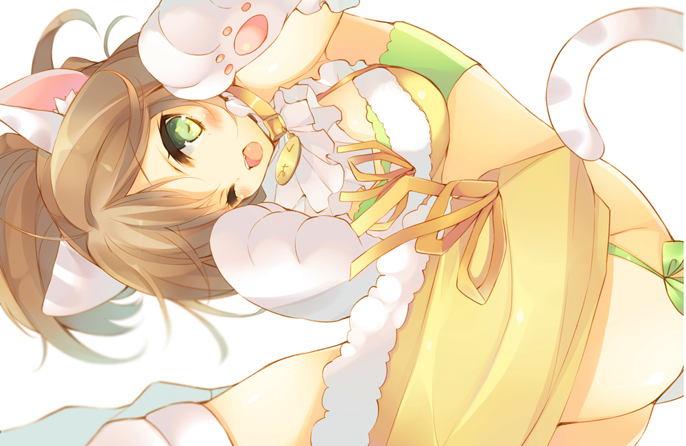 ;d animal_ears breasts brown_hair cat_ears cat_tail collar enomoto_hina green_eyes idolmaster idolmaster_cinderella_girls large_breasts long_hair maekawa_miku one_eye_closed open_mouth paws ponytail smile solo tail