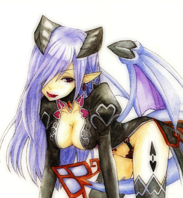 breasts cleavage demon_girl demon_tail demon_wings earrings heart horns jewelry licking_lips lilim_(monster_girl_encyclopedia) lipstick long_hair makeup medium_breasts monster_girl_encyclopedia pointy_ears red_eyes silver_hair solo succubus tail thighhighs tongue tongue_out traditional_media wings yamamomo_mihisana