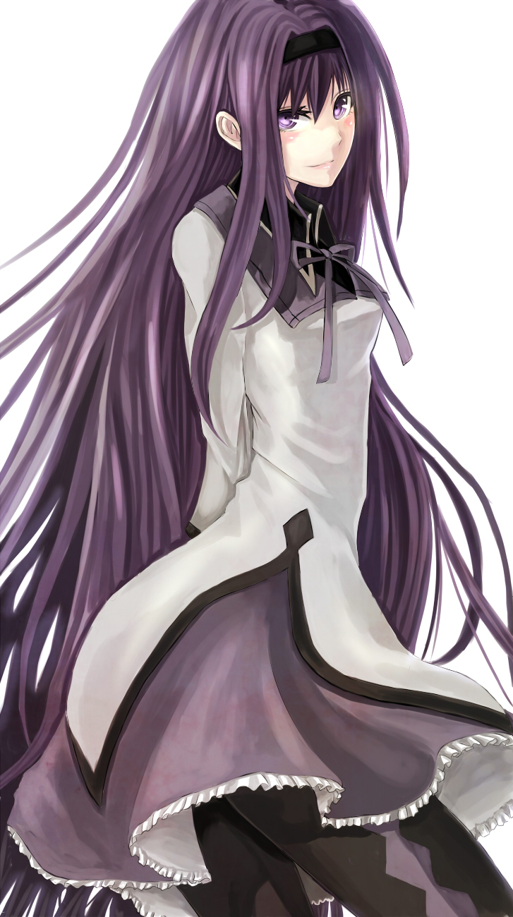 akemi_homura blush hairband highres katagiri_yuuki long_hair mahou_shoujo_madoka_magica pantyhose purple_eyes purple_hair smile solo very_long_hair
