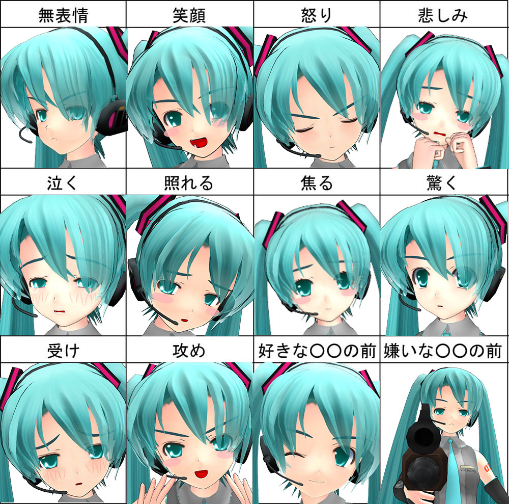 3d angry aqua_eyes aqua_hair artist_request blush crying embarrassed expressions gun happy hatsune_miku headphones headset looking_at_viewer mikumikudance multiple_views one_eye_closed sad simple_background smile tears translated twintails upper_body vocaloid weapon white_background