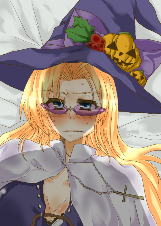 bad_id bad_pixiv_id black_lagoon blonde_hair blue_eyes blush breasts capelet cleavage cross cross_necklace eda_(black_lagoon) food_themed_hair_ornament hair_ornament halloween hat jack-o'-lantern jewelry large_breasts long_hair lying necklace on_back on_bed pink-framed_eyewear pumpkin_hair_ornament shadow solo sunglasses witch_hat you_gonna_get_raped yuuki_(kanon5)