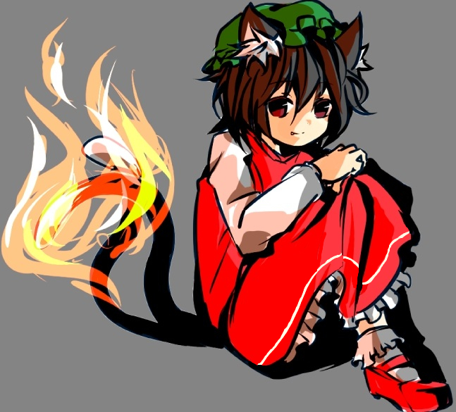 animal_ears brown_eyes brown_hair cat_ears cat_tail chen dress fang fire flame hat mary_janes multiple_tails randoruto-kan shoes short_hair sitting socks solo tail tail-tip_fire touhou
