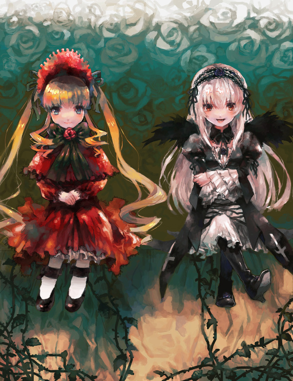 aoki_(fumomo) blonde_hair bonnet boots bow bowtie capelet drawr dress flower frilled_sleeves frills gothic_lolita hairband high_heels lolita_fashion long_hair mary_janes multiple_girls plant red_dress rose rozen_maiden shinku shoes silver_hair sitting suigintou twintails vines white_flower white_rose wings