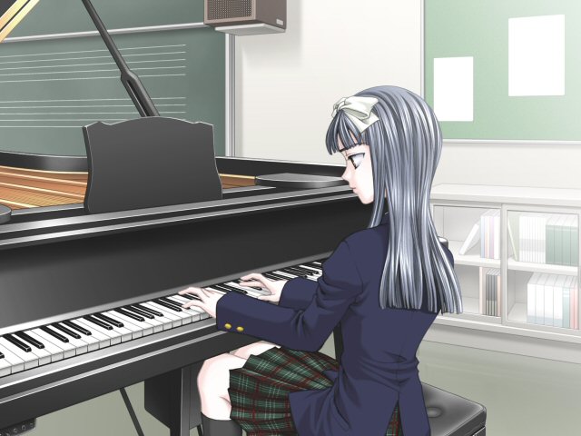 1girl blue_hair blush character_request crescendo d.o. game_cg instrument long_hair piano school_uniform uniform