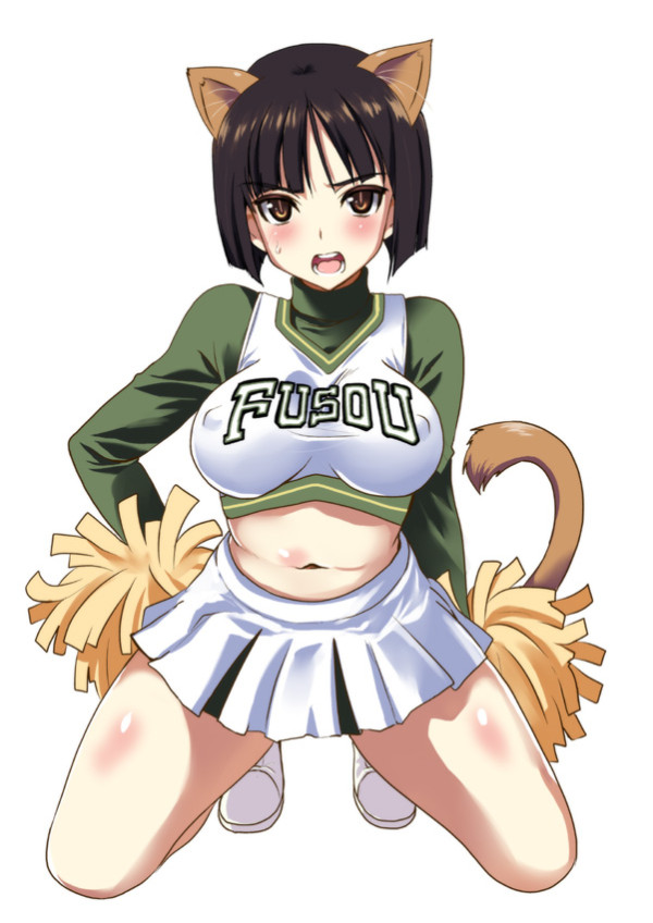 animal_ears black_hair blush body_blush breasts brown_eyes cheerleader covered_nipples embarrassed etou_toshiko hand_on_hip kneeling kyougoku_shin large_breasts looking_at_viewer midriff navel open_mouth pom_poms shirt short_hair simple_background skirt solo sweatdrop tail taut_clothes taut_shirt white_background world_witches_series