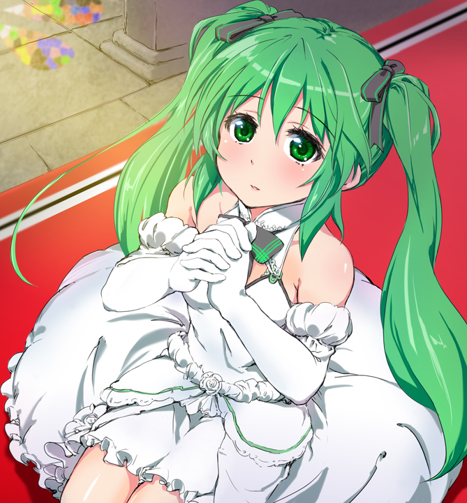 bare_shoulders dress elbow_gloves gloves green_eyes green_hair hair_ribbon hands_clasped hatsune_miku long_hair own_hands_together ribbon solo tsujigiri twintails vocaloid