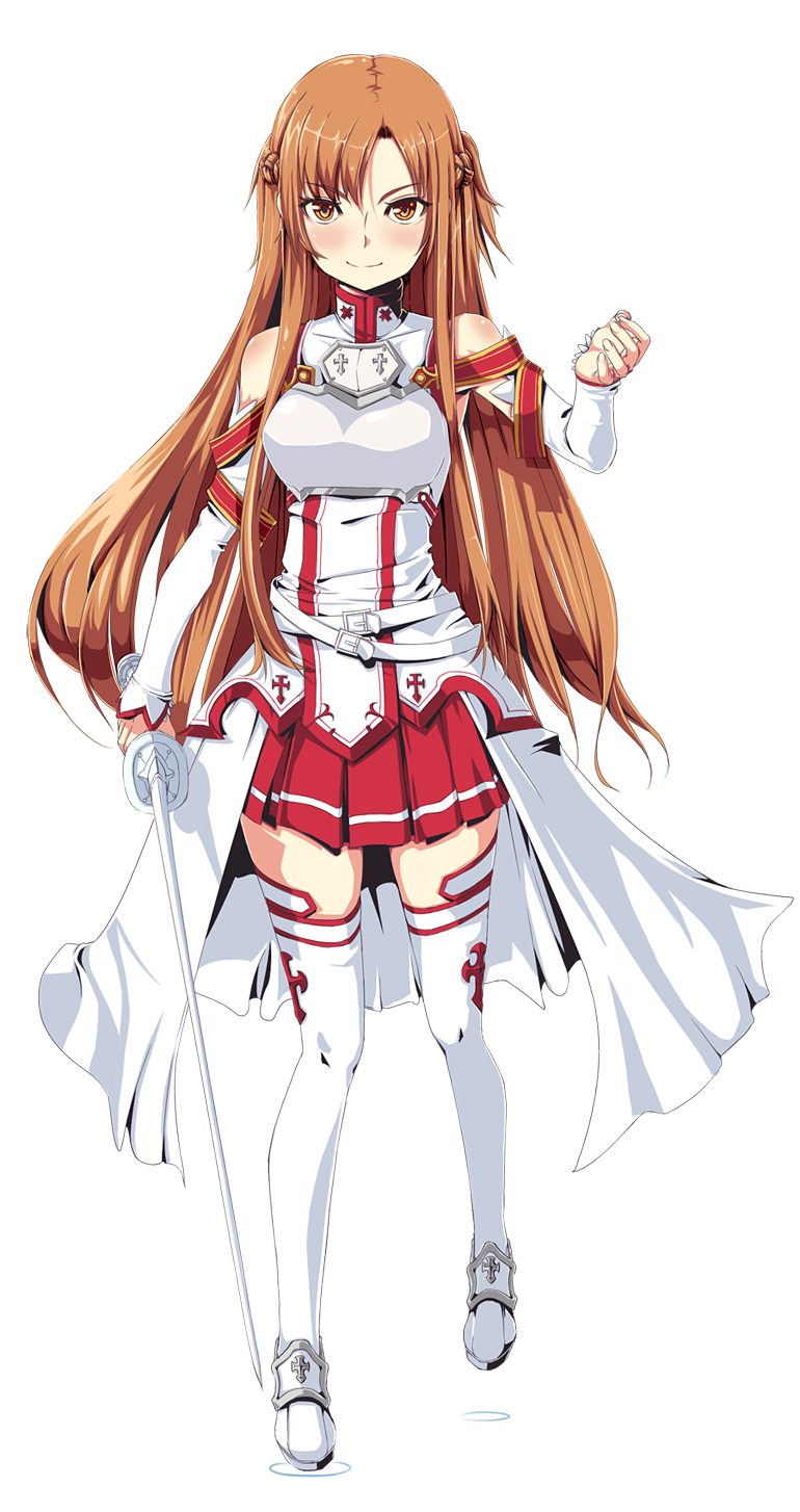armor asuna_(sao) bare_shoulders boots breastplate brown_eyes brown_hair detached_sleeves full_body highres long_hair pleated_skirt reason_(ficafe) simple_background skirt smirk solo sword sword_art_online thighhighs weapon white_legwear zettai_ryouiki