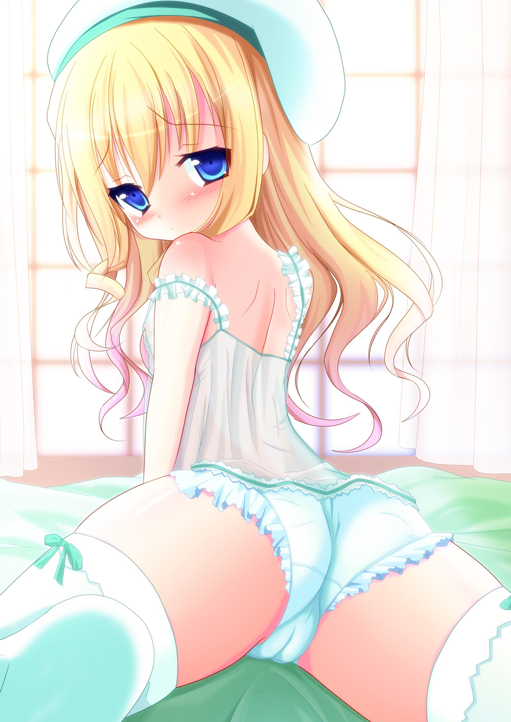 arm_support ass blue_eyes blush cameltoe camisole feet frilled_panties frills from_behind hat highres long_hair looking_back lying okatora on_stomach original panties see-through solo spread_legs thighhighs underwear