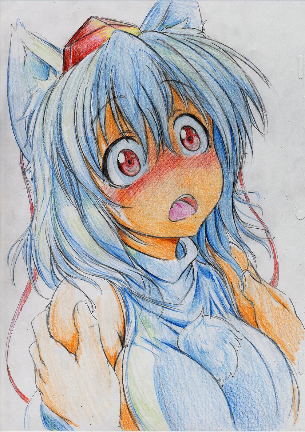 animal_ears bare_shoulders blush breasts colored_pencil_(medium) detached_sleeves hat highres inubashiri_momiji kitazinger large_breasts open_mouth red_eyes shocked_eyes short_hair solo tears tokin_hat touhou traditional_media upper_body white_hair wolf_ears