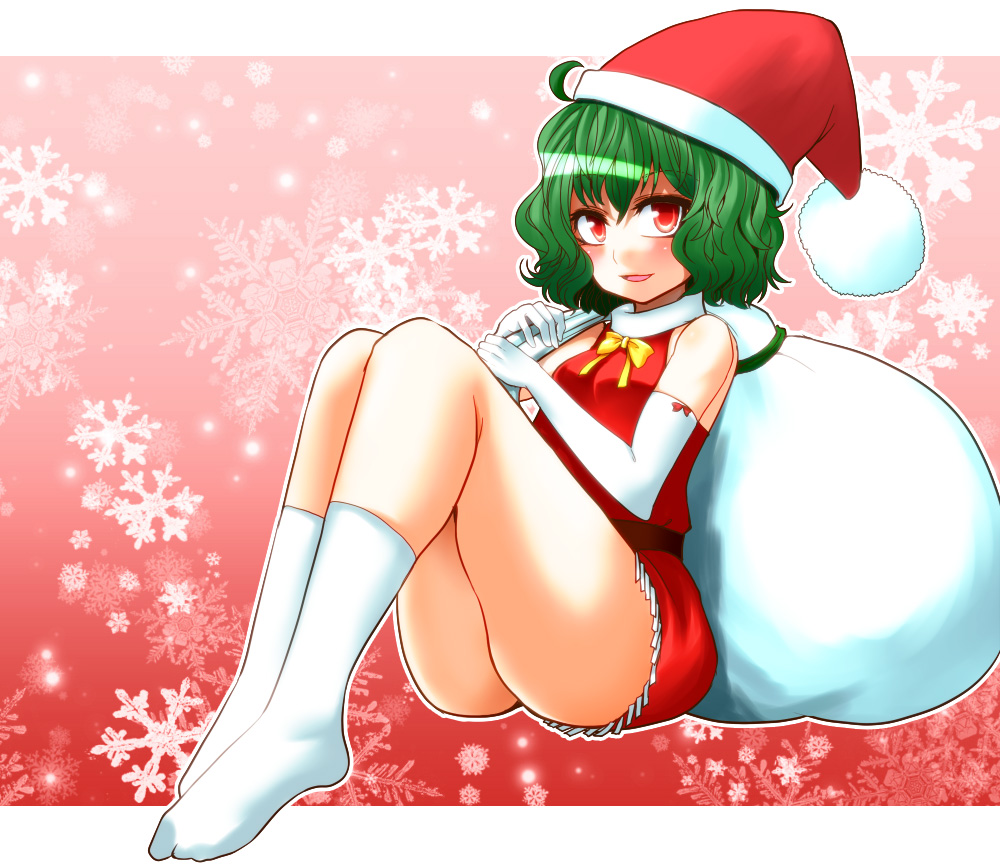 belt christmas elbow_gloves gloves green_hair hane_(hanegoya) hat kazami_yuuka red_eyes sack santa_costume santa_hat socks solo touhou white_gloves