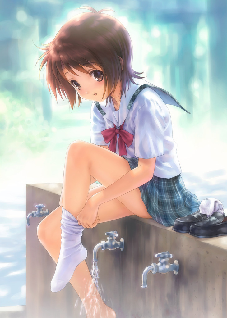 barefoot bow brown_eyes brown_hair copyright_request faucet goto_p non-web_source plaid plaid_skirt school_uniform shoes short_hair single_sock sitting skirt soaking_feet socks solo tree undressing water