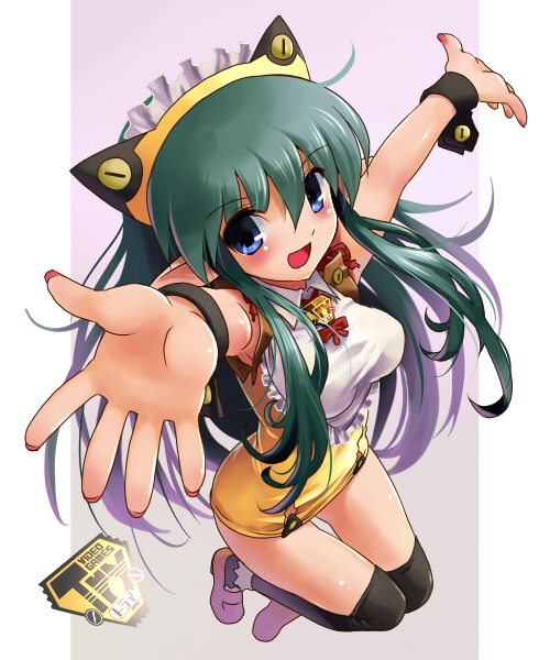 black_legwear blue_eyes full_body green_hair hands katahira_masashi long_hair original outstretched_arms outstretched_hand pointy_ears solo spread_arms thighhighs wrist_cuffs zettai_ryouiki