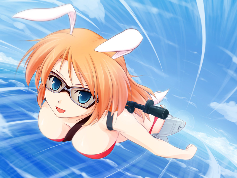 animal_ears between_breasts bikini blue_eyes breasts bunny_ears charlotte_e_yeager cloud day goggles ocean red_hair sky solo strap_cleavage strike_witches striker_unit swimsuit world_witches_series yuku_(kiollion)