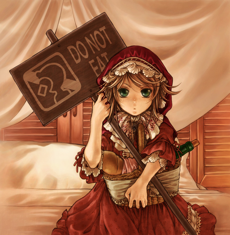 bed blonde_hair bottle bread copyright_request food green_eyes holding holding_sign kita_senri sign solo