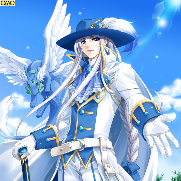 artist_request blue_eyes braid cape copyright_request gloves hat long_hair male_focus monster omc solo white_hair