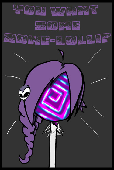 candy english_text food grey_background hair hairclip lollipop plain_background ponytail purple_hair skull text visual_pun what what_has_science_done wig wrapper z-tv zone-archive zone-tan