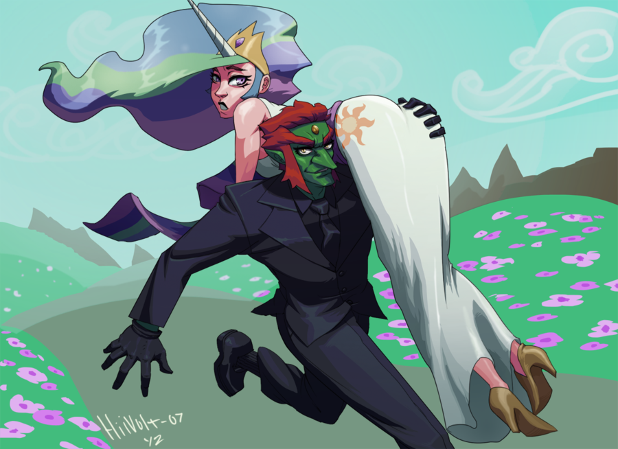 1girl ass ass_grab bare_shoulders black_gloves blue_hair borrowed_design carrying carrying_over_shoulder celestia_(my_little_pony) crossover crown cutie_mark diepod dress forehead_jewel formal ganondorf gloves green_hair green_skin high_heels horn long_hair multicolored_hair my_little_pony my_little_pony_friendship_is_magic necktie personification purple_eyes purple_hair running shoes smirk suit the_legend_of_zelda the_legend_of_zelda:_ocarina_of_time white_dress yellow_eyes