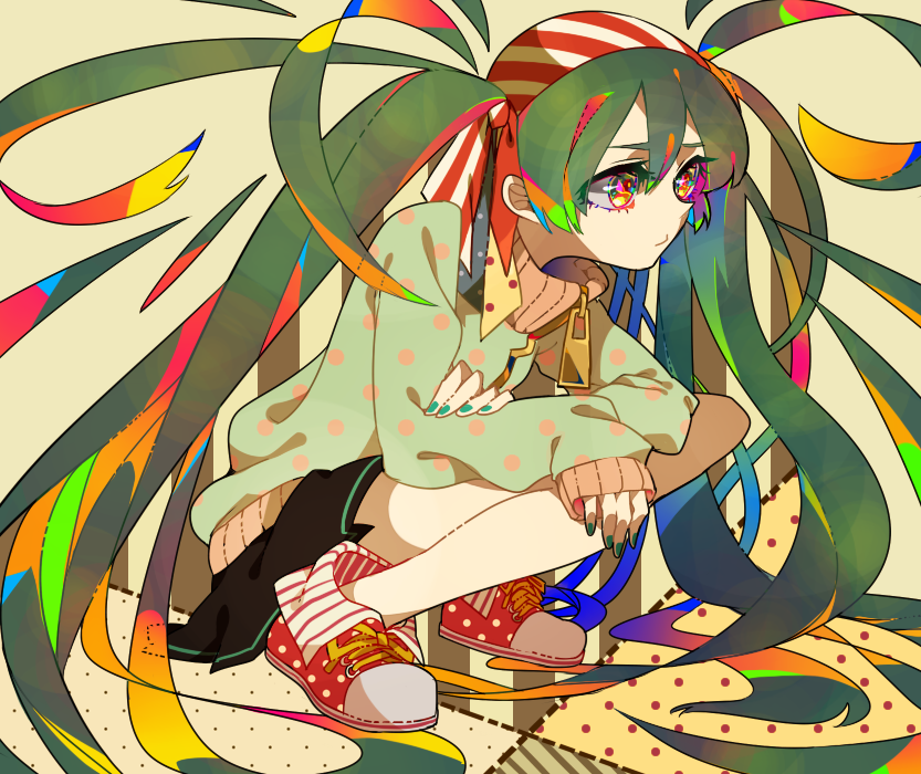 bad_id bad_pixiv_id green_hair hatsune_miku karabako long_hair nail_polish no_socks shoes skirt sneakers solo squatting very_long_hair vocaloid