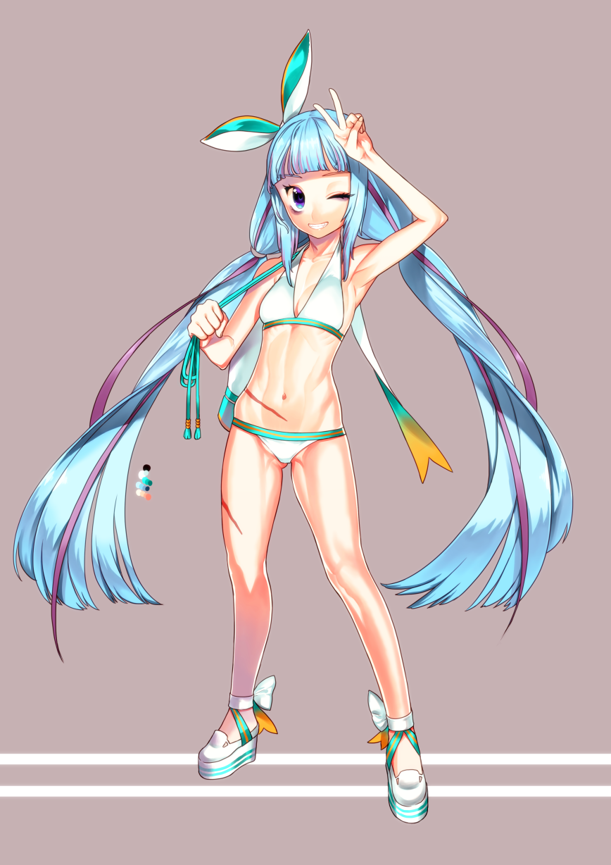 bikini blue_hair female full_body grey_background grin ishida-masamune_kiriko kbtmsboy long_hair midriff multicolored_hair one_eye_closed scar shinken!! smile solo swimsuit twintails v very_long_hair