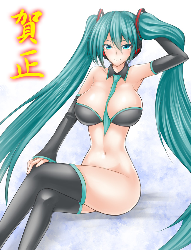 aqua_eyes aqua_hair arm_up bad_id bad_pixiv_id breasts collar crossed_legs detached_sleeves hatsune_miku large_breasts long_hair navel necktie shima-shuu sitting smile solo thighhighs twintails very_long_hair vocaloid