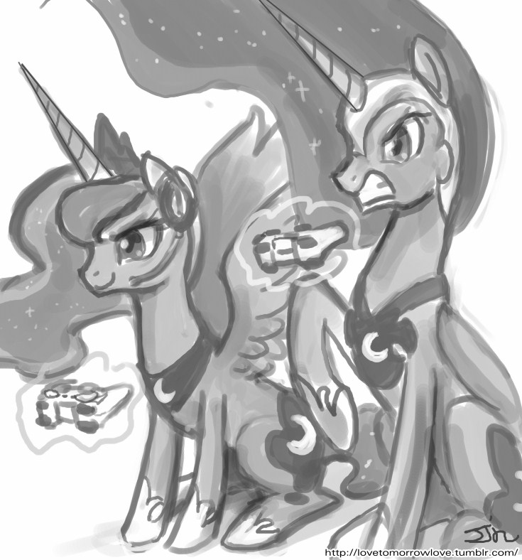 black_and_white controler crown cutie_mark duo equine female feral friendship_is_magic glowing greyscale headset helmet horn horse john_joseco magic mammal monochrome my_little_pony necklace nightmare_moon_(mlp) pony princess_luna_(mlp) sparkles winged_unicorn wings