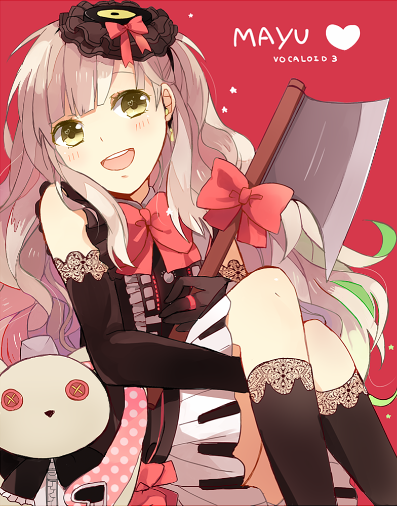 :d axe bad_id bad_pixiv_id black_gloves black_legwear bow character_name cranio doll dress elbow_gloves gloves heart heart-shaped_pupils jewelry kneehighs long_hair mayu_(vocaloid) open_mouth piano_print polka_dot ring smile solo stuffed_animal stuffed_bunny stuffed_toy symbol-shaped_pupils usano_mimi vocaloid weapon yellow_eyes