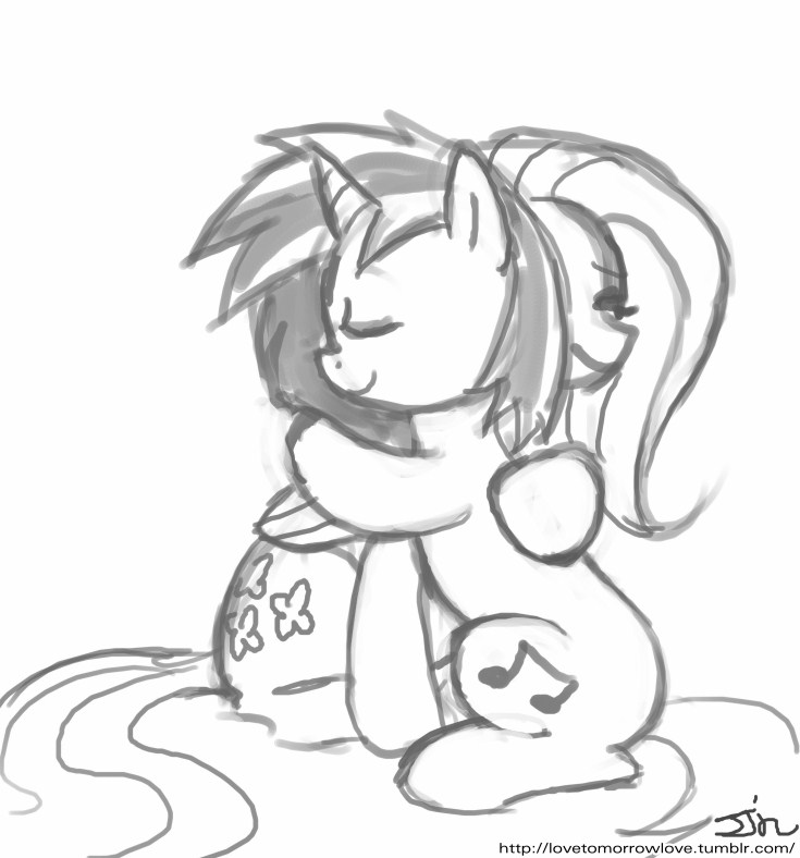 cutie_mark equine eyes_closed female feral fluttershy_(mlp) friendship_is_magic horn horse hug mammal monochrome my_little_pony pegasus plain_background pony unicorn vinyl_scratch_(mlp) white_background wings