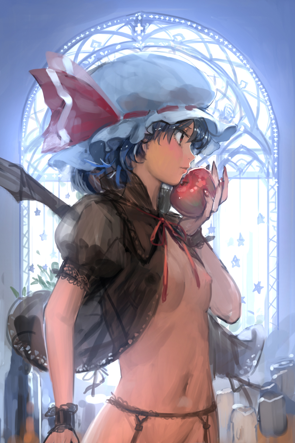 apple bat_wings blue_hair bottomless flat_chest food fruit garter_belt hat highres jeanex nail_polish navel nipples open_clothes open_shirt profile red_eyes remilia_scarlet ribbon shirt short_hair solo touhou wings wrist_cuffs