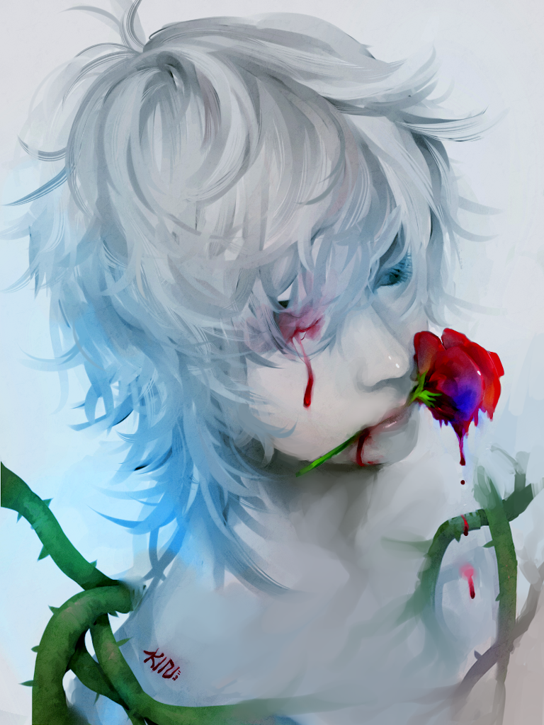 bleeding blood bunnywebb close-up cuts flower flower_in_mouth green_eyes grey_background hair_over_one_eye injury looking_away male_focus mouth_hold original pale_skin plant rose silver_hair solo thorns vines
