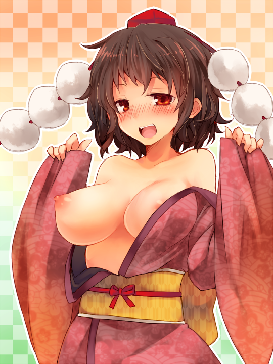 :d alternate_costume blush breasts brown_hair hat japanese_clothes kimono large_breasts looking_at_viewer nipples obi off_shoulder open_clothes open_kimono open_mouth oshiruko_(tsume) red_eyes sash shameimaru_aya smile solo tokin_hat touhou upper_body