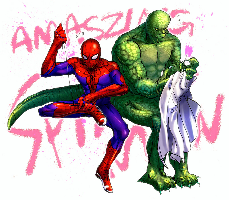 engrish labcoat marvel monster_boy multiple_boys nockmoshimoshi ranguage sewing spandex spider-man spider-man_(series) superhero sweatdrop the_lizard