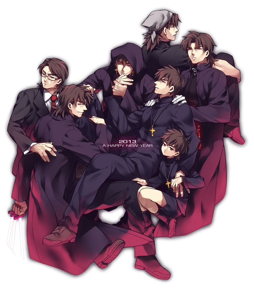 between_fingers black_keys brown_eyes brown_hair child cross cross_earrings cross_necklace earrings fate/extra fate/stay_night fate/tiger_colosseum fate/zero fate_(series) formal glasses head_scarf hood jewelry kotomine_kirei multiple_boys multiple_persona necklace older suit younger zihad