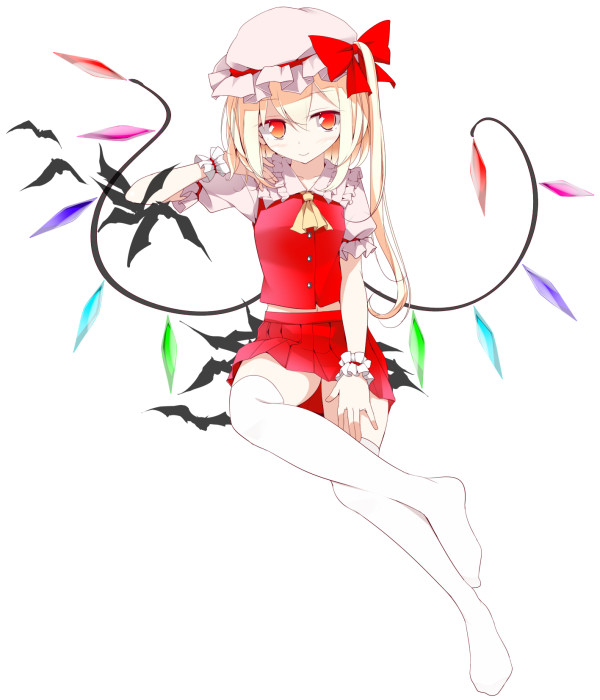 arm_rest ascot bat blonde_hair bow crossed_legs flandre_scarlet hair_bow hat midriff oouso red_eyes short_hair side_ponytail simple_background sitting sitting_on_animal skirt skirt_set smile solo thighhighs touhou white_background white_legwear wings wrist_cuffs