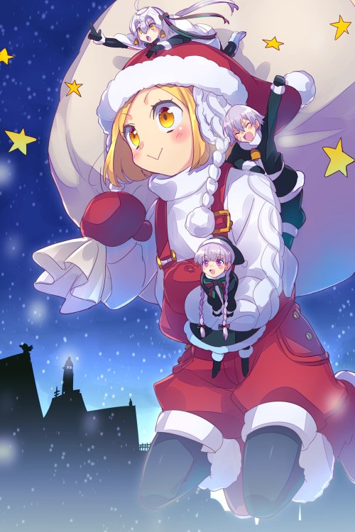 :&gt; blonde_hair braid cis05 fate/grand_order fate_(series) giantess jack_the_ripper_(fate/apocrypha) jeanne_d'arc_(fate)_(all) jeanne_d'arc_alter_santa_lily night nursery_rhyme_(fate/extra) on_head overalls paul_bunyan_(fate/grand_order) pointing pointing_forward purple_eyes sack santa_costume star twin_braids white_hair yellow_eyes