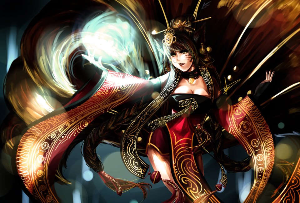 ahri animal_ears black_hair braid breasts cleavage dress fox_ears fox_tail hair_ornament hair_stick hannah_santos league_of_legends long_hair long_sleeves looking_at_viewer medium_breasts outstretched_arm red_dress solo tail twin_braids upper_body very_long_hair