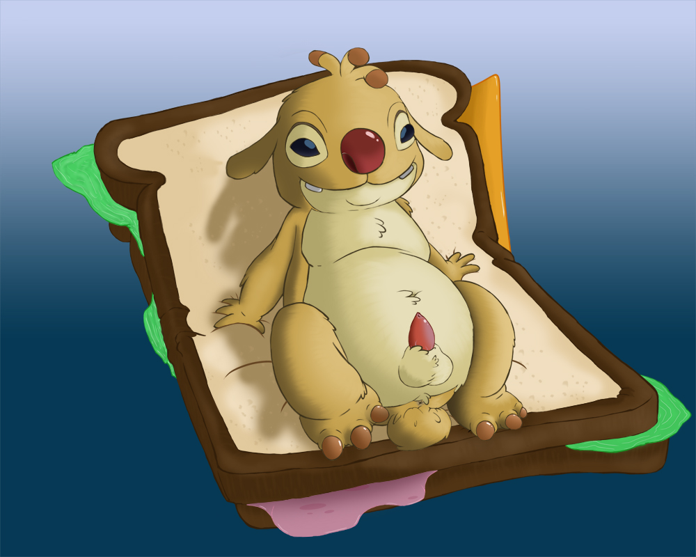 balls belly chubby food lilo_and_stitch lying male on_back penis red_nose reuben sandwich sandwich_(food) solo ziyen