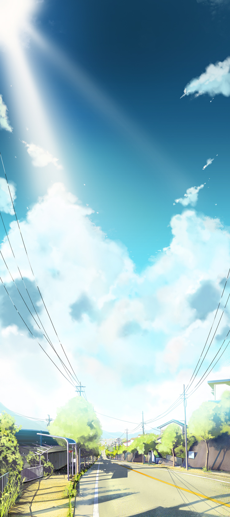 bad_pixiv_id bus_stop cloud day hcm highres light_rays long_image no_humans original power_lines road scenery shadow sky sun sunbeam sunlight tall_image telephone_pole town tree vanishing_point weeds