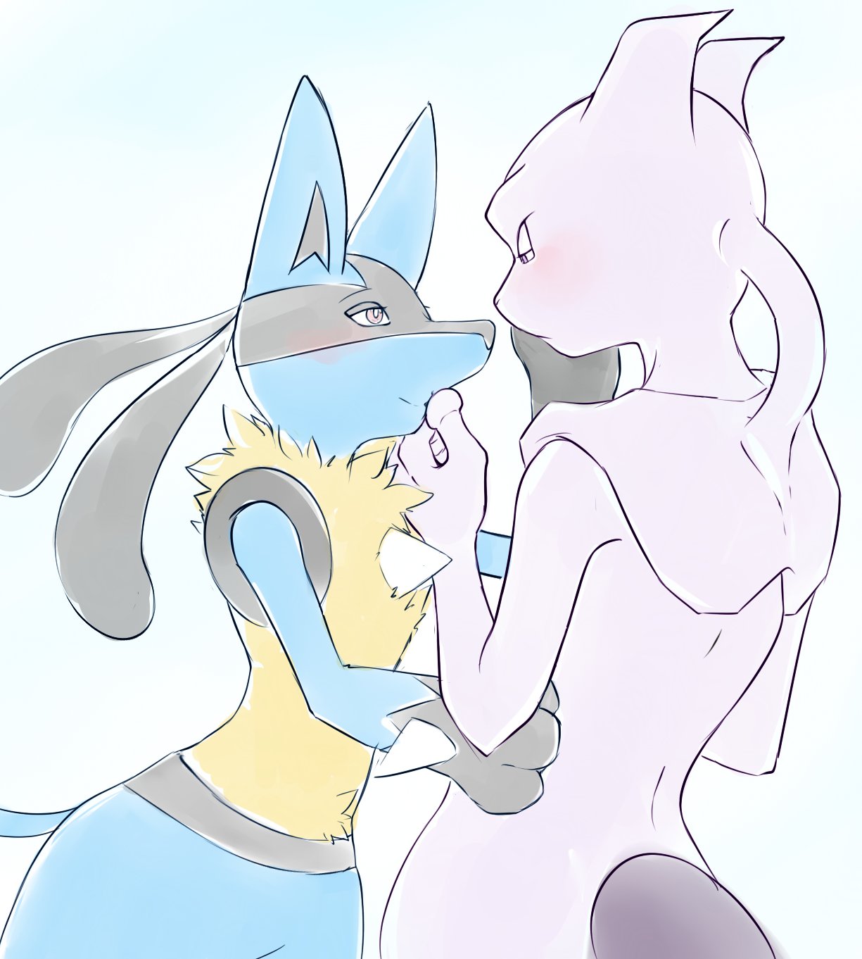 2018 anthro anthro_on_anthro black_fur blue_fur blush canine caress creambake duo eye_contact fur half-closed_eyes hand_on_face invalid_tag legendary_pok&eacute;mon lucario mammal mewtwo nintendo pok&eacute;mon pok&eacute;mon_(species) purple_skin simple_background smile video_games white_background white_skin yellow_fur