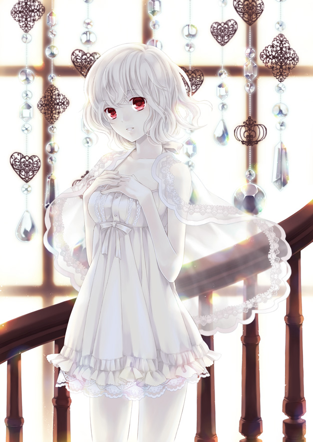 albino capelet crystal dress hands_on_own_chest lace looking_at_viewer original pale_skin parted_lips red_eyes short_hair solo stairs uzuki_eri white_dress white_hair window