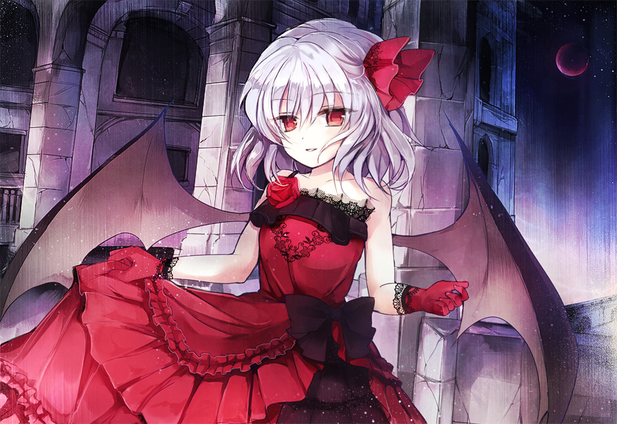 alternate_costume bat_wings bow collarbone crescent_moon dress flower gloves hair_bow looking_at_viewer moon nazuka_(mikkamisaki) red_dress red_eyes red_gloves remilia_scarlet rose silver_hair smile solo touhou wings