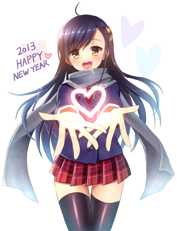 2013 ahoge black_hair black_legwear blush hair_ornament happy_new_year heart long_hair looking_at_viewer mauve new_year open_mouth original outstretched_hand plaid plaid_skirt pleated_skirt scarf skirt solo thighhighs yellow_eyes zettai_ryouiki