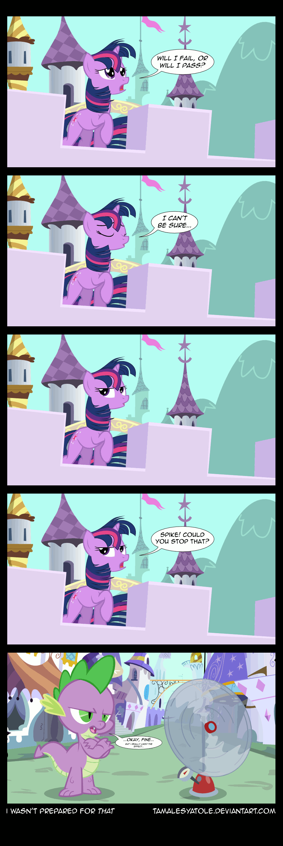 animated annoyed building canterlot cat_eyes comic dialog dialogue dragon english_text equine fan female feral friendship_is_magic horn horse mammal my_little_pony pony purple_eyes scalie slit_pupils spike_(mlp) tamalesyatole text tower twilight_sparkle_(mlp) unicorn wind